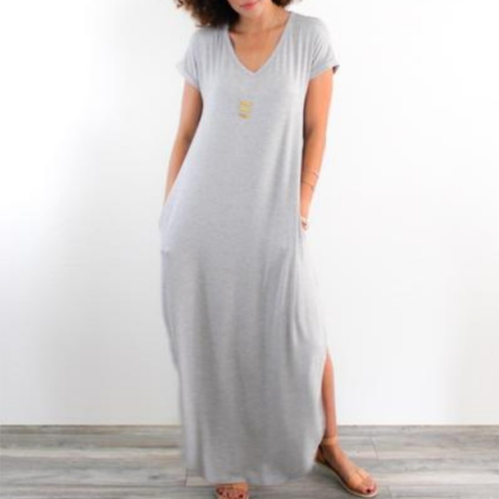 NWT Grey V Neck Pocket Maxi Dress